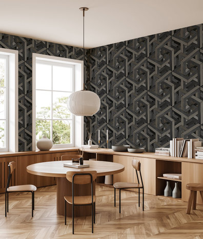 Geometrische Tapete Midnight Labyrinth, grau, waschbar Geometrische Tapete Midnight Labyrinth, grau, waschbar