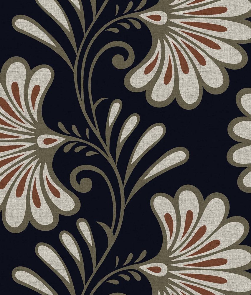 Retro behang Zen Blossom Harmony, zwart, afwasbaar Retro behang Zen Blossom Harmony, zwart, afwasbaar