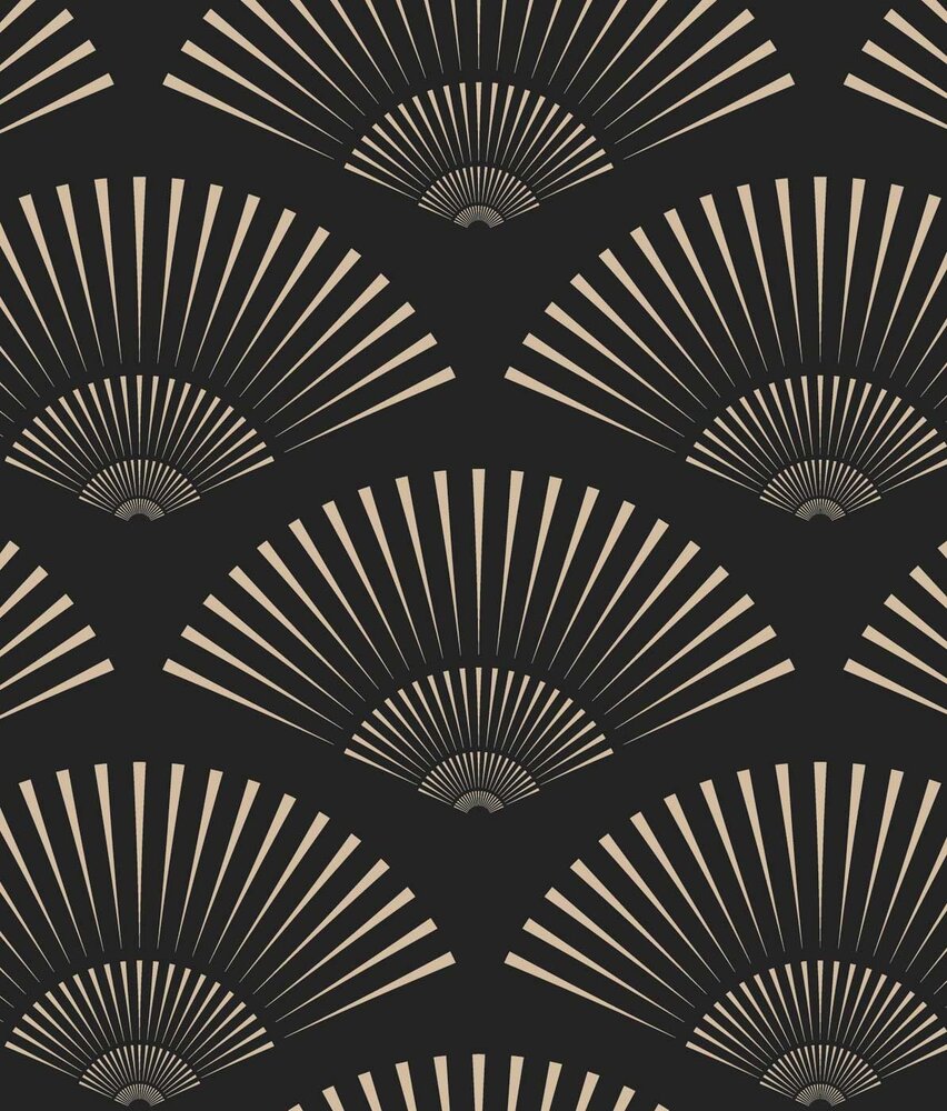 Retro behang Art Deco Shells, zwart, afwasbaar