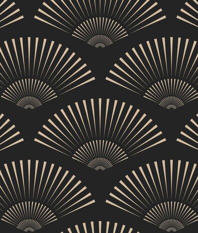 Retro behang Art Deco Shells, zwart, afwasbaar