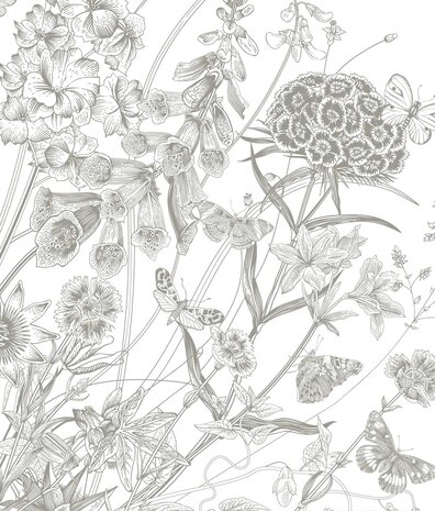 Bloemen behang Blossom Meadow, zwart-wit, afwasbaar