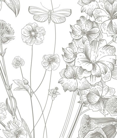 Floral wallpaper Blossom Meadow, black and white, washable Floral wallpaper Blossom Meadow, black and white, washable