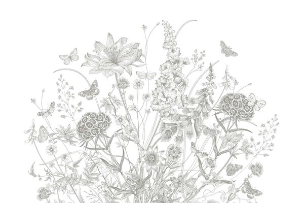 Floral wallpaper Blossom Meadow, black and white, washable Floral wallpaper Blossom Meadow, black and white, washable