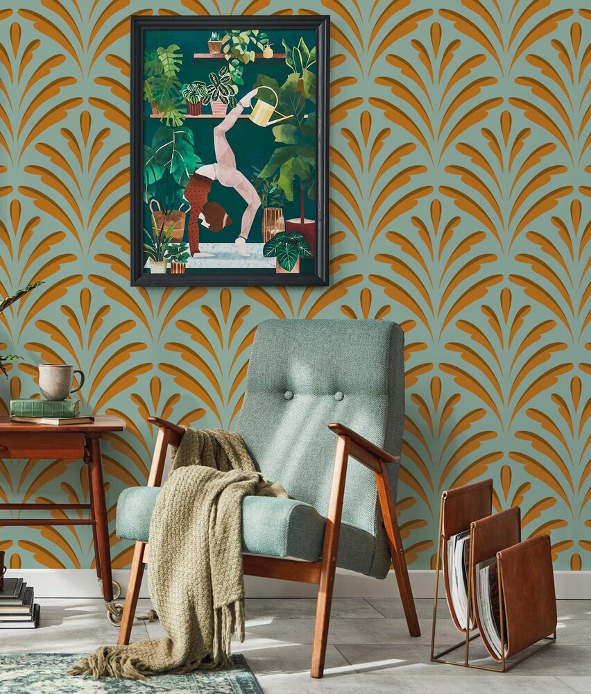 Retro behang Gilded Leaf Elegance, groen, afwasbaar Retro behang Gilded Leaf Elegance, groen, afwasbaar