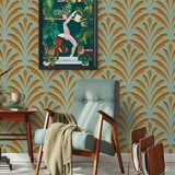 Retro behang Gilded Leaf Elegance, groen, afwasbaar