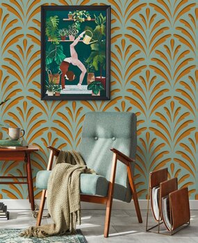 Retro behang Gilded Leaf Elegance, groen, afwasbaar Retro behang Gilded Leaf Elegance, groen, afwasbaar
