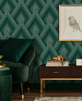 Retro-Tapete Emerald Deco Essence, grün, waschbar Retro-Tapete Emerald Deco Essence, grün, waschbar