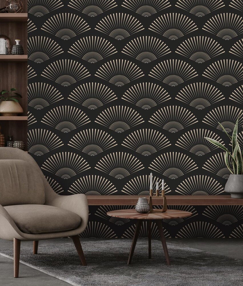 Retro wallpaper Art Deco Shells, black, washable Retro wallpaper Art Deco Shells, black, washable