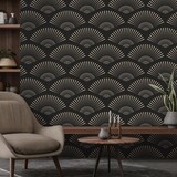 Retro behang Art Deco Shells, zwart, afwasbaar