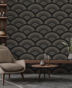 Retro behang Art Deco Shells, zwart, afwasbaar Retro behang Art Deco Shells, zwart, afwasbaar