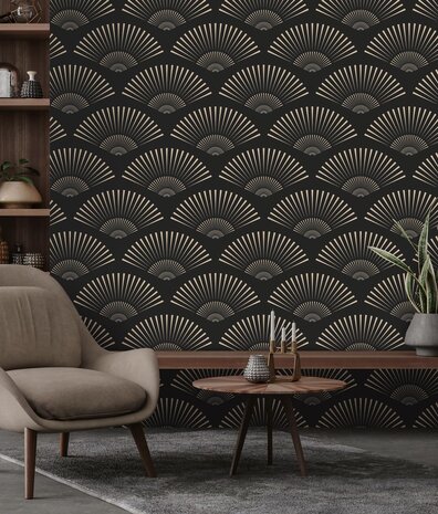 Retro behang Art Deco Shells, zwart, afwasbaar