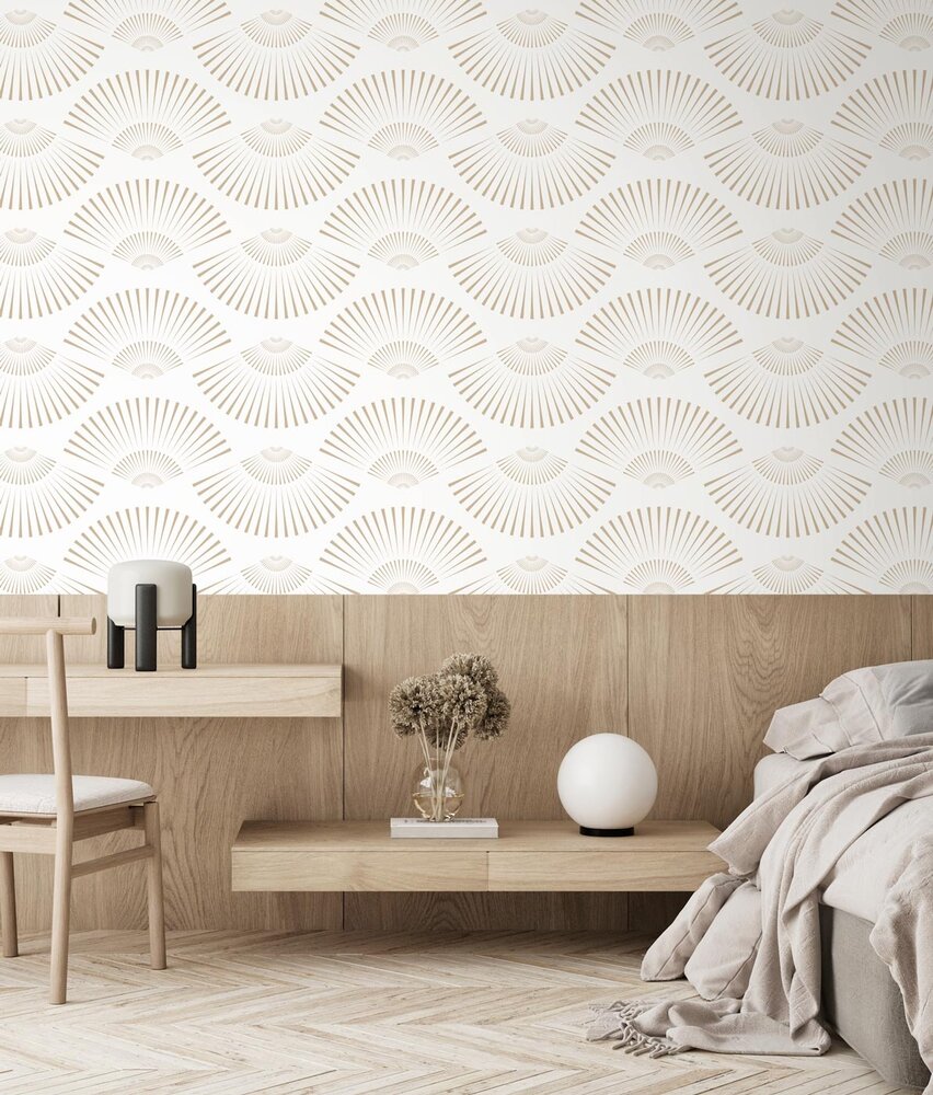 Retro wallpaper Art Deco Shells, white, washable Retro wallpaper Art Deco Shells, white, washable