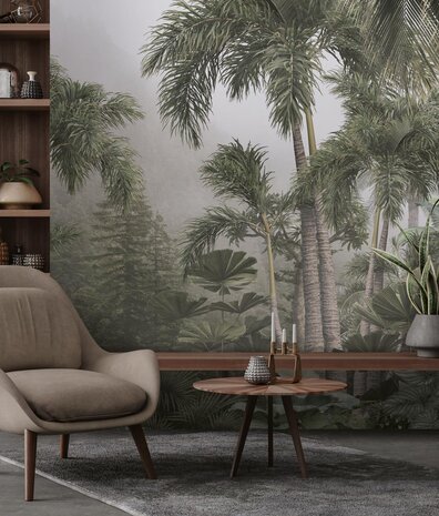 Jungle fotobehang Tropical Mist Oasis, afwasbaar Jungle fotobehang Tropical Mist Oasis, afwasbaar