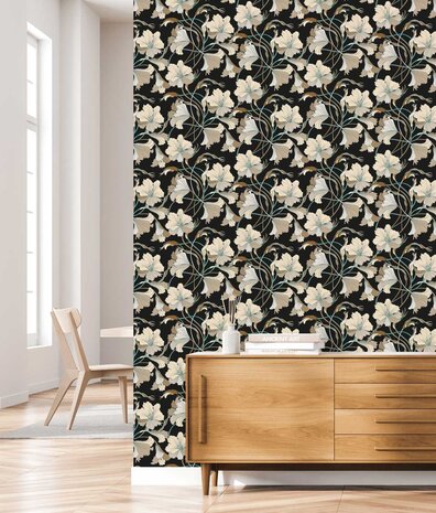 Bloemen behang Serene Blossom, zwart-wit, afwasbaar Bloemen behang Serene Blossom, zwart-wit, afwasbaar