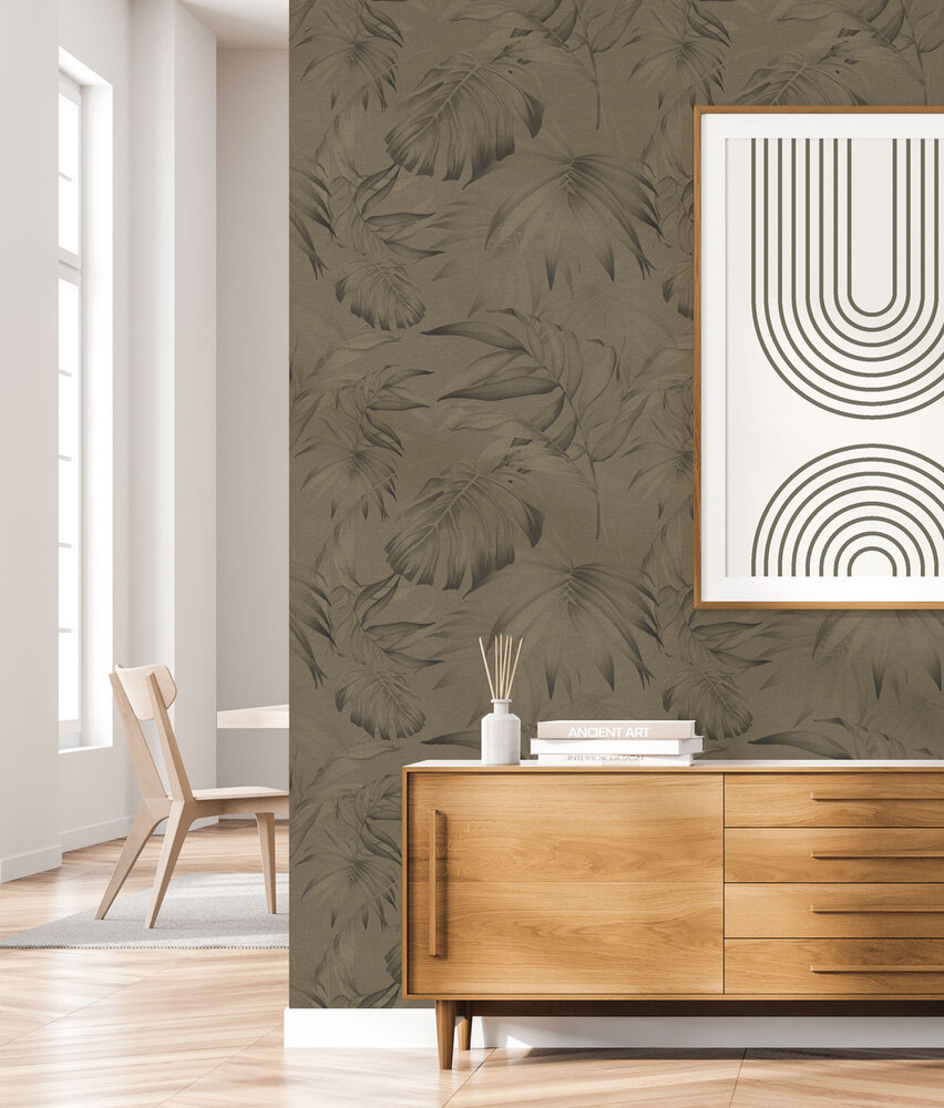 Bladeren behang Brown Jungle Retreat, bruin, afwasbaar