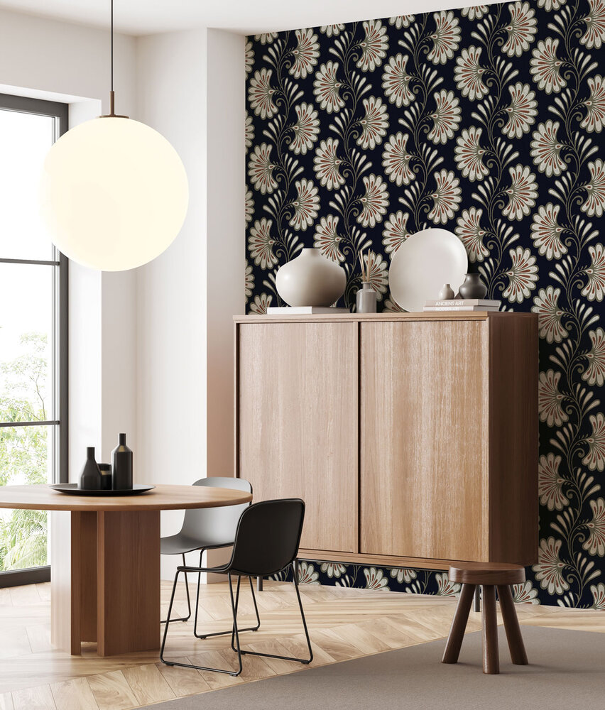 Retro behang Zen Blossom Harmony, zwart, afwasbaar Retro behang Zen Blossom Harmony, zwart, afwasbaar