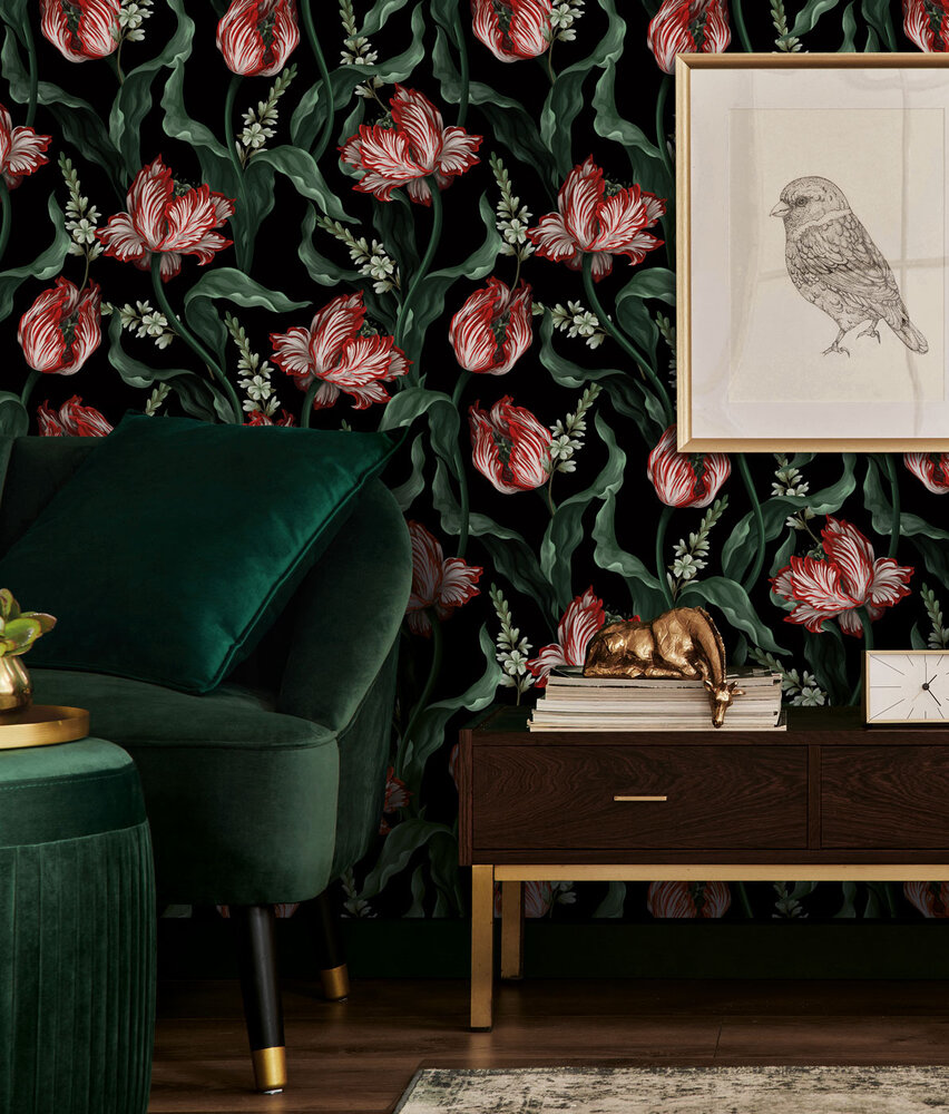 Bloemen behang Wild Scarlet Tulips, afwasbaar Bloemen behang Wild Scarlet Tulips, afwasbaar