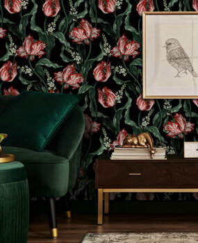 Bloemen behang Wild Scarlet Tulips, afwasbaar Bloemen behang Wild Scarlet Tulips, afwasbaar