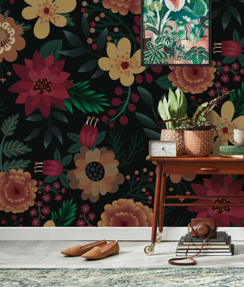 Bloemen behang Blossom Burst, kleurrijk, afwasbaar Bloemen behang Blossom Burst, kleurrijk, afwasbaar