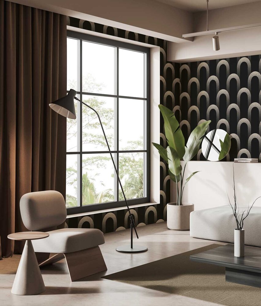 Retro wallpaper Abstract Archways, black, washable