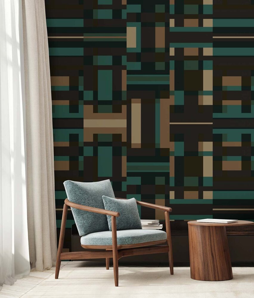 Graphic wallpaper Geometric Maze, blue, washable