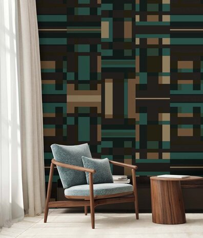 Graphic wallpaper Geometric Maze, blue, washable