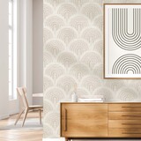 Retro behang Midcentury Curves, beige, afwasbaar Retro behang Midcentury Curves, beige, afwasbaar