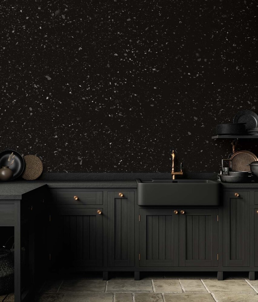 Natural stone wallpaper Terrazzo Bliss, black, washable Natural stone wallpaper Terrazzo Bliss, black, washable