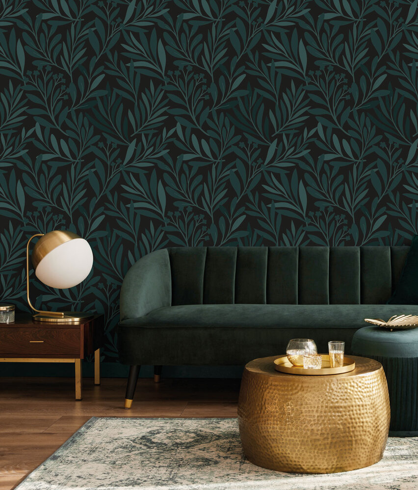 Leaves wallpaper Olive Serenity, green, washable