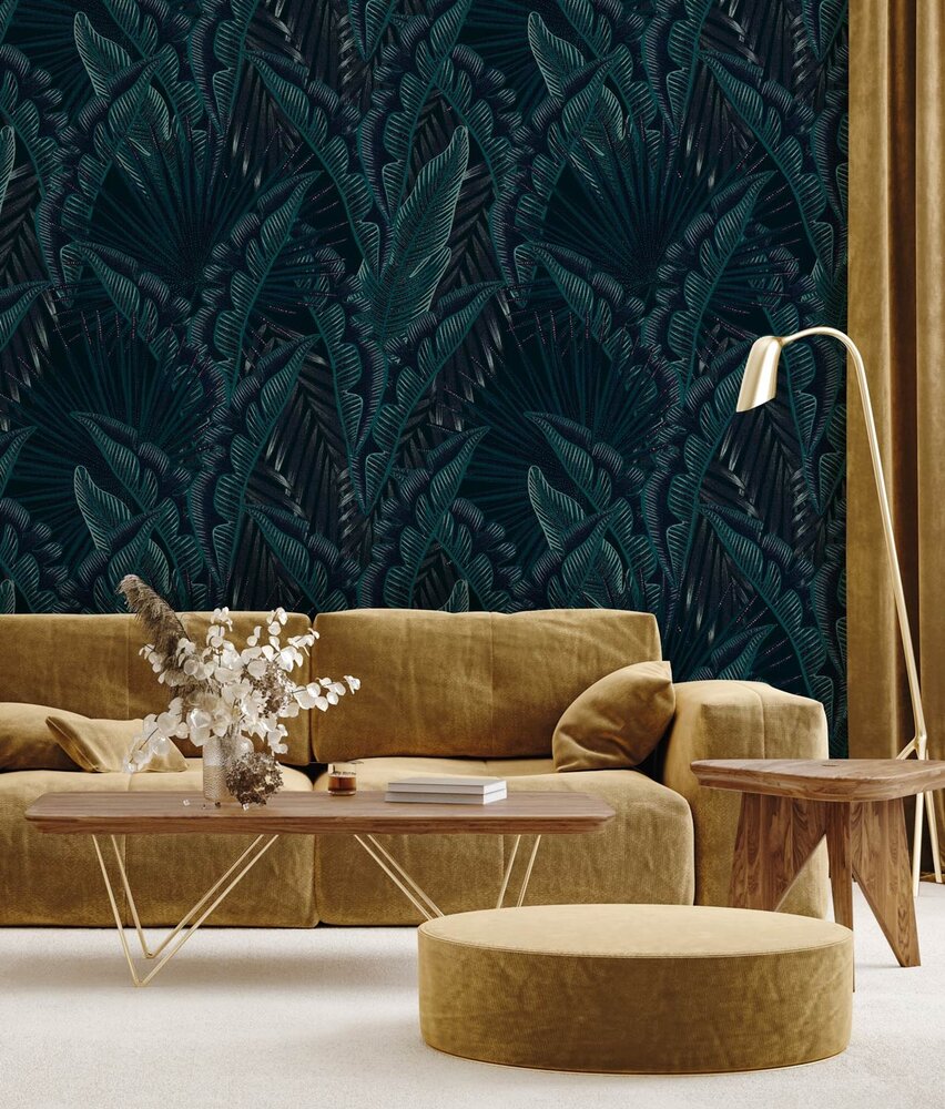 Blättertapete Palm Whispers, blau, waschbar Blättertapete Palm Whispers, blau, waschbar