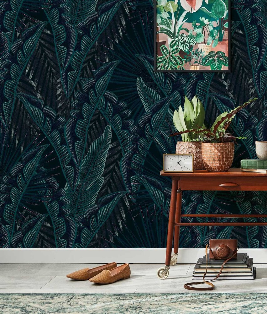 Leaves wallpaper Palm Whispers, blue, washable Leaves wallpaper Palm Whispers, blue, washable