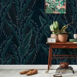 Bladeren behang Palm Whispers, blauw, afwasbaar
