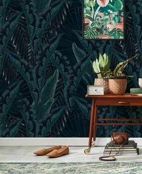 Bladeren behang Palm Whispers, blauw, afwasbaar Bladeren behang Palm Whispers, blauw, afwasbaar