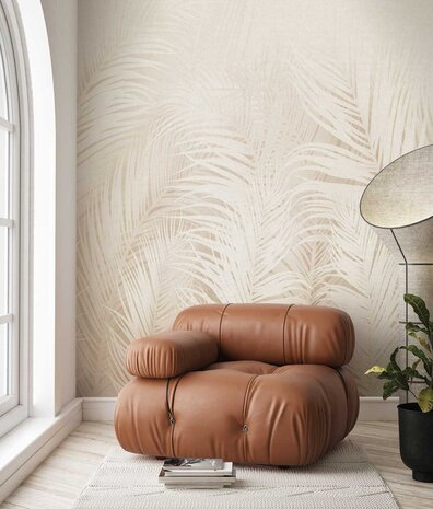 Bladeren behang Palm Paradise, beige, afwasbaar