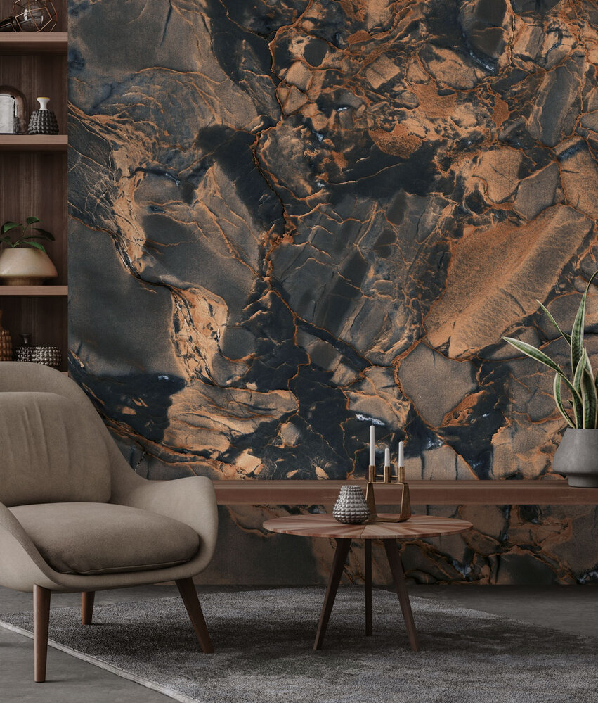 Marmer behang Marbled Copper Glow, bruin, afwasbaar Marmer behang Marbled Copper Glow, bruin, afwasbaar