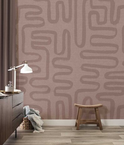 Retro behang Midcentury Swirls, roze, afwasbaar Retro behang Midcentury Swirls, roze, afwasbaar