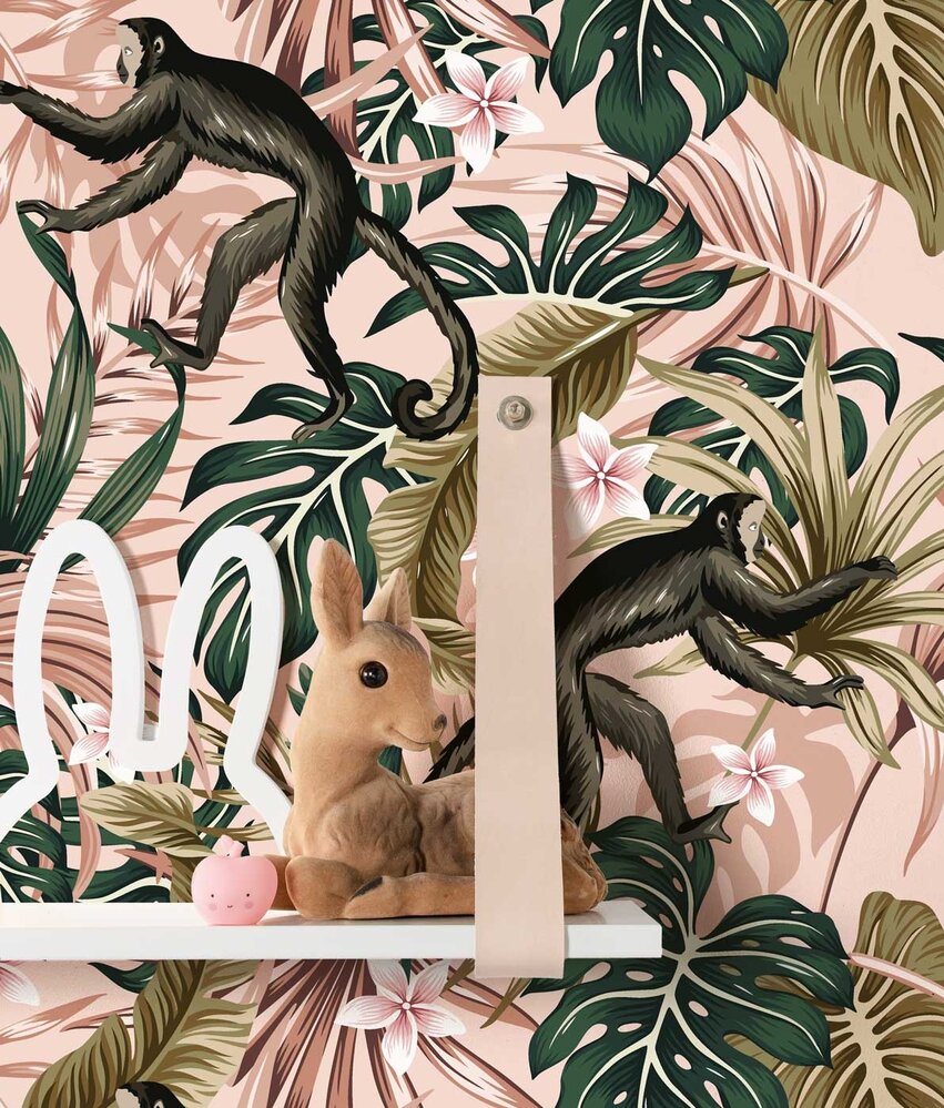 Children's wallpaper Cheeky Monkey Meadows, pink, washable