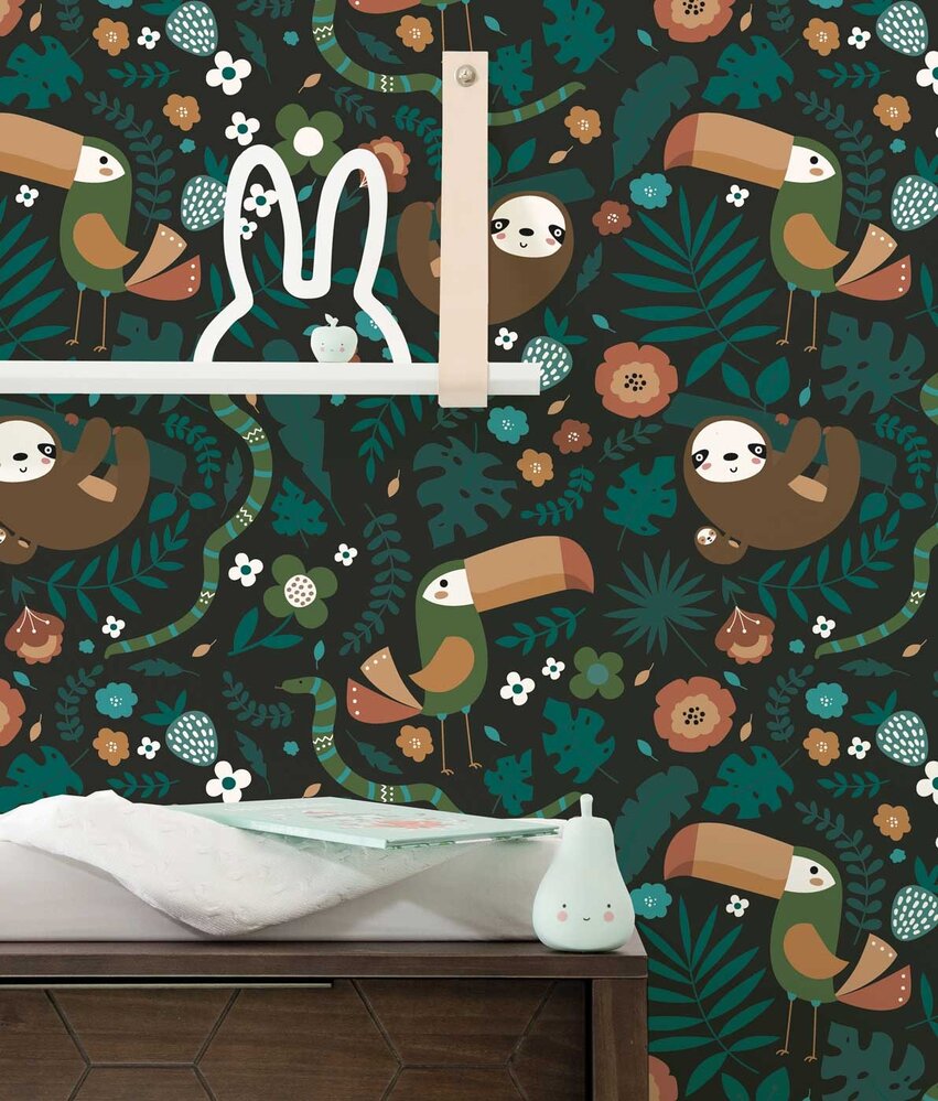 Kinderbehang dieren Cozy Sloth Haven, groen, afwasbaar