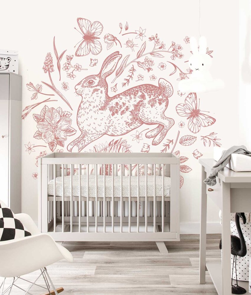 Kinderbehang Blushing Rabbit Dream, roze, afwasbaar