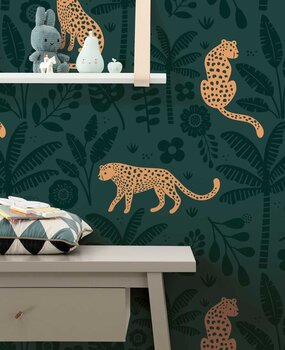 Kinderbehang Playful Leopard Cubs, groen, afwasbaar Kinderbehang Playful Leopard Cubs, groen, afwasbaar