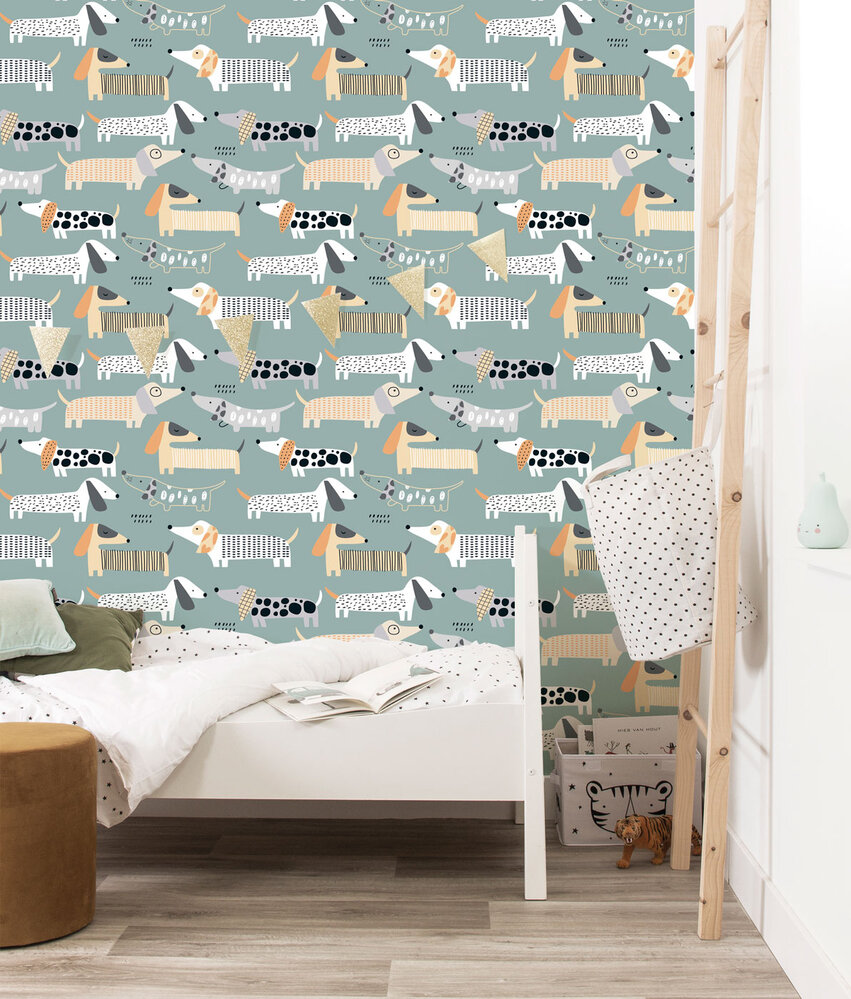 Kindertapete Doggie Dream, blau, waschbar Kindertapete Doggie Dream, blau, waschbar