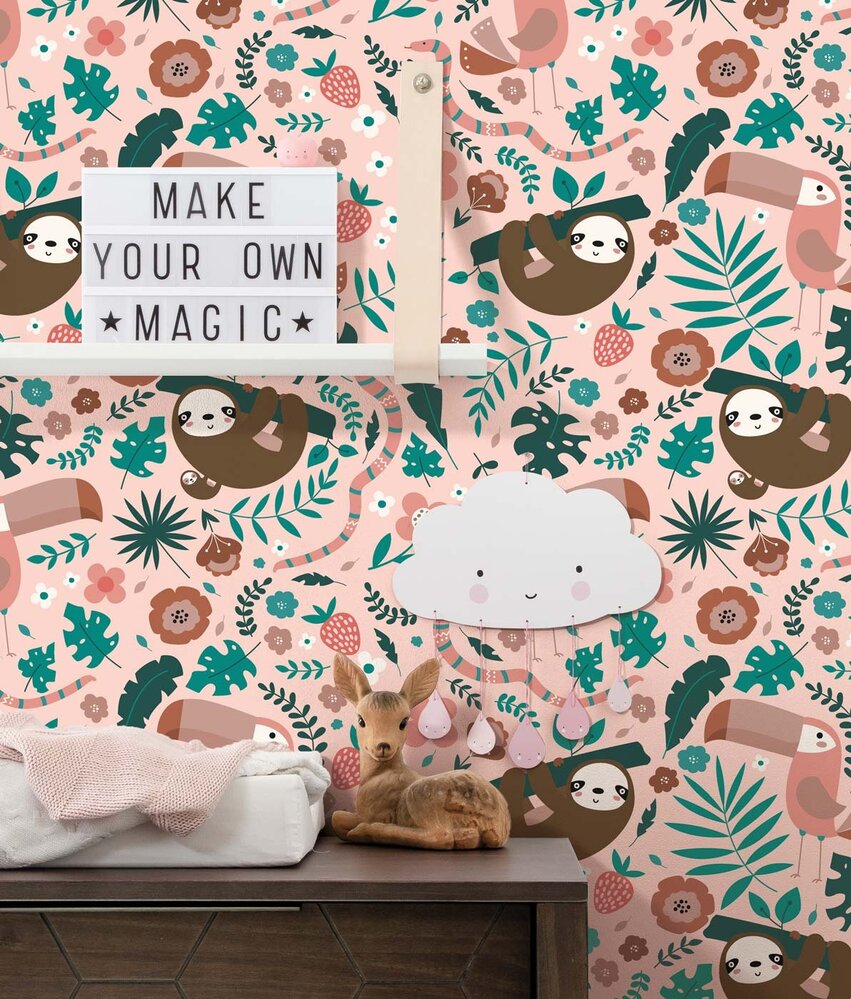 Children's wallpaper animals Cozy Sloth Haven, pink, washable Children's wallpaper animals Cozy Sloth Haven, pink, washable