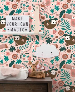 Children's wallpaper animals Cozy Sloth Haven, pink, washable Children's wallpaper animals Cozy Sloth Haven, pink, washable
