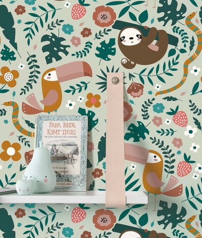 Kinderbehang dieren Cozy Sloth Haven, mintgroen, afwasbaar