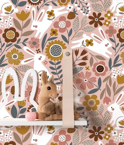 Kindertapete Bunny Blossom Fields, rosa, waschbar Kindertapete Bunny Blossom Fields, rosa, waschbar