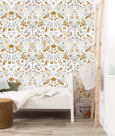 Kinderbehang Vintage Bird Paradise, afwasbaar Kinderbehang Vintage Bird Paradise, afwasbaar