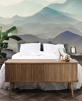 Bergen behang Misty Peaks, blauw, afwasbaar Bergen behang Misty Peaks, blauw, afwasbaar