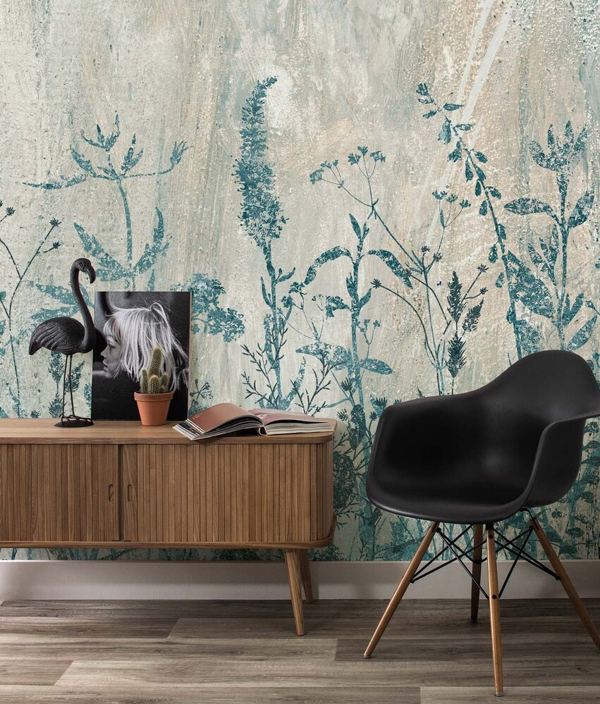 Bloemen behang Concrete Flowers, grijs, afwasbaar