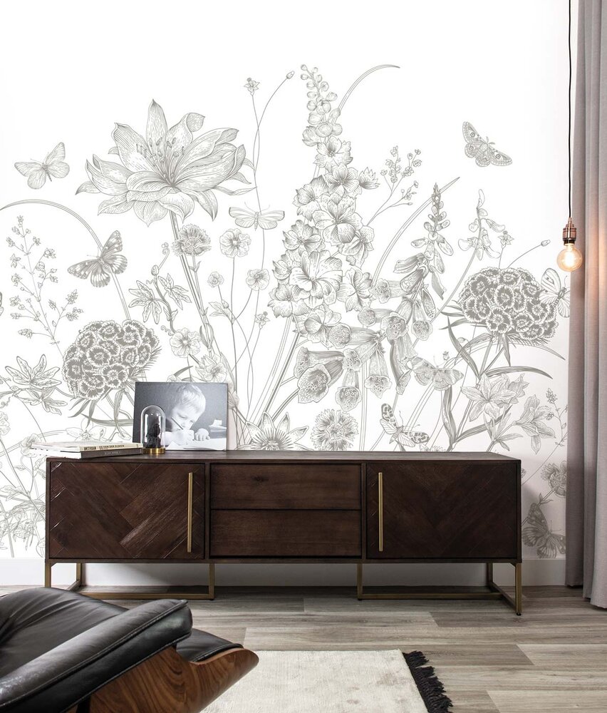 Bloemen behang Blossom Meadow, zwart-wit, afwasbaar