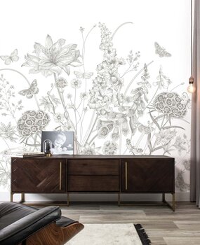 Bloemen behang Blossom Meadow, zwart-wit, afwasbaar Bloemen behang Blossom Meadow, zwart-wit, afwasbaar